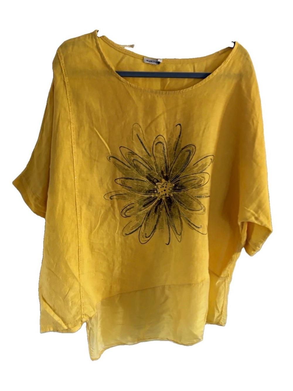 Ladies Yellow 100% Linen silk Woven Floral artsy Xl Blouse tunic high low hem
